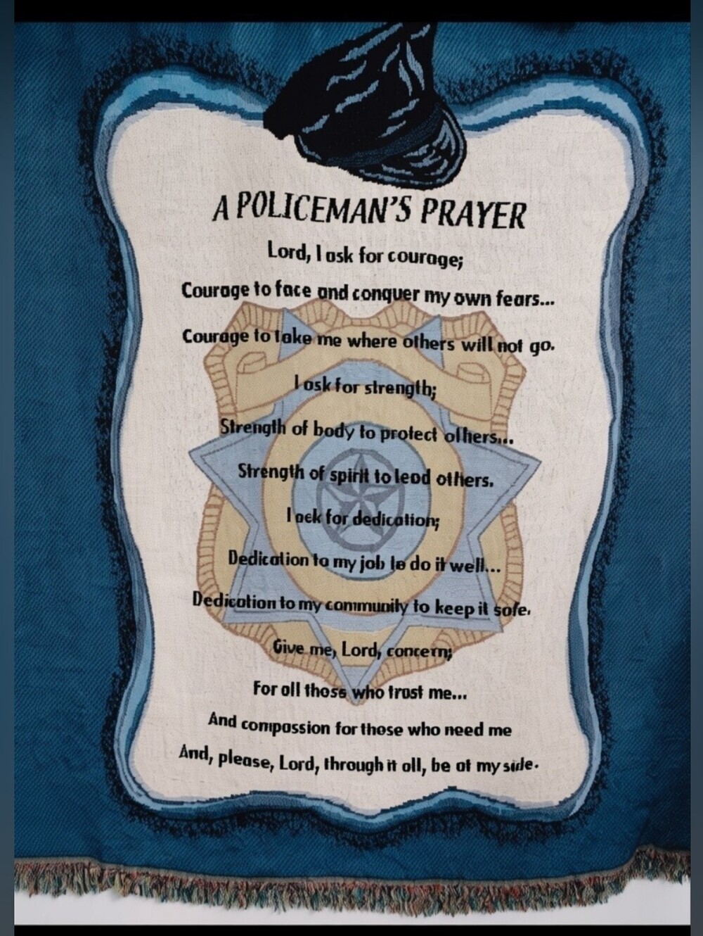 A Policeman's Prayer Woven Throw Blanket in Blue and Cream